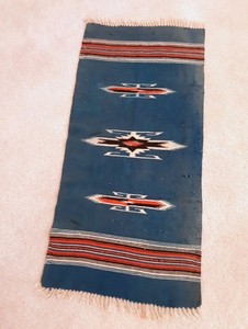 Chimayo Table Runner; Turquoise; Vintage; 18 x 37 inches; wool, some damage