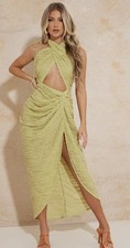 PRETTYLITTLETHING Yellow Ruched Cut Out Halter Maxi Dress Women Size 6 Long