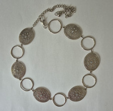 Silver ToneCircle and Oval Filigree Gems Chain Link Waist Hip Belt 44 IN Total