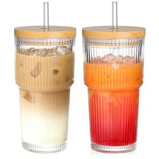 20oz Ribbed Glass Tumblers with Lids and Straws, 2 PCS Iced Coffee Cups,Glass...