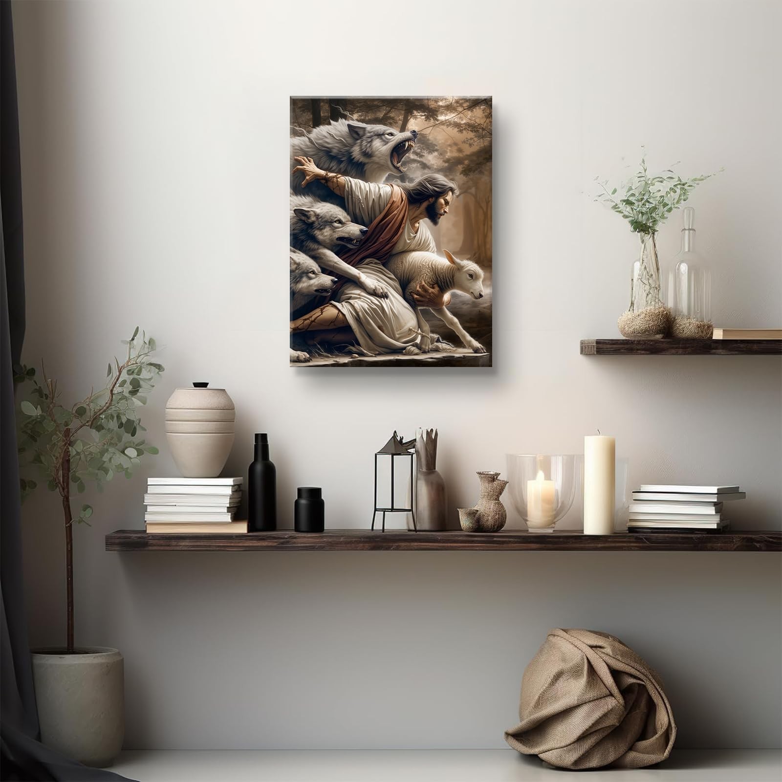 Jesus and Lamb Canvas Wall Art Jesus Saves The Lost Lamb Picture Wall Decor G...