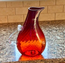 Blenko #1308 - HTF Tangerine Bella Boca Optic Glass Pitcher - Sandblasted Mark