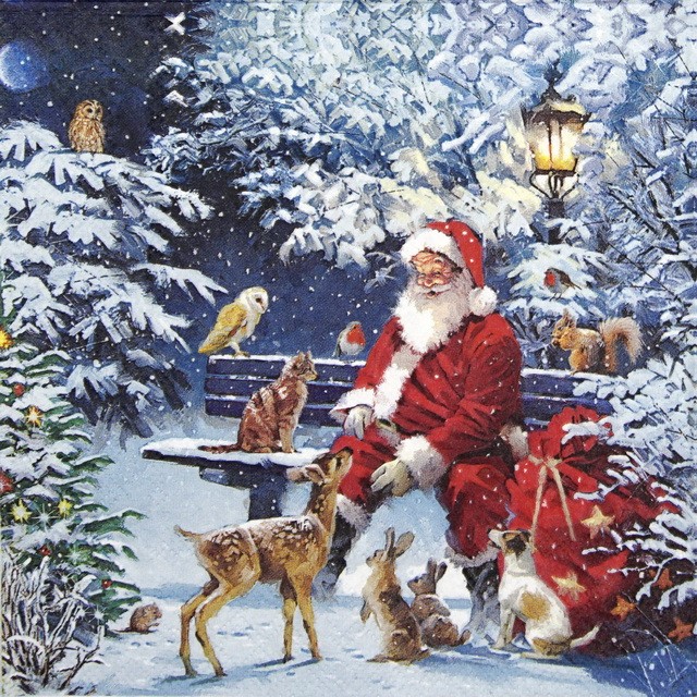 4x Santa on Bench Napkins 33x33cm Festive Paper for Decoupage Winter DIY Craft