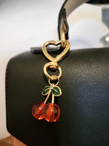 CHERRY Keychain with Heart Clasp – CUTE Red Fruit Charm Gold Tone Bag Accessory
