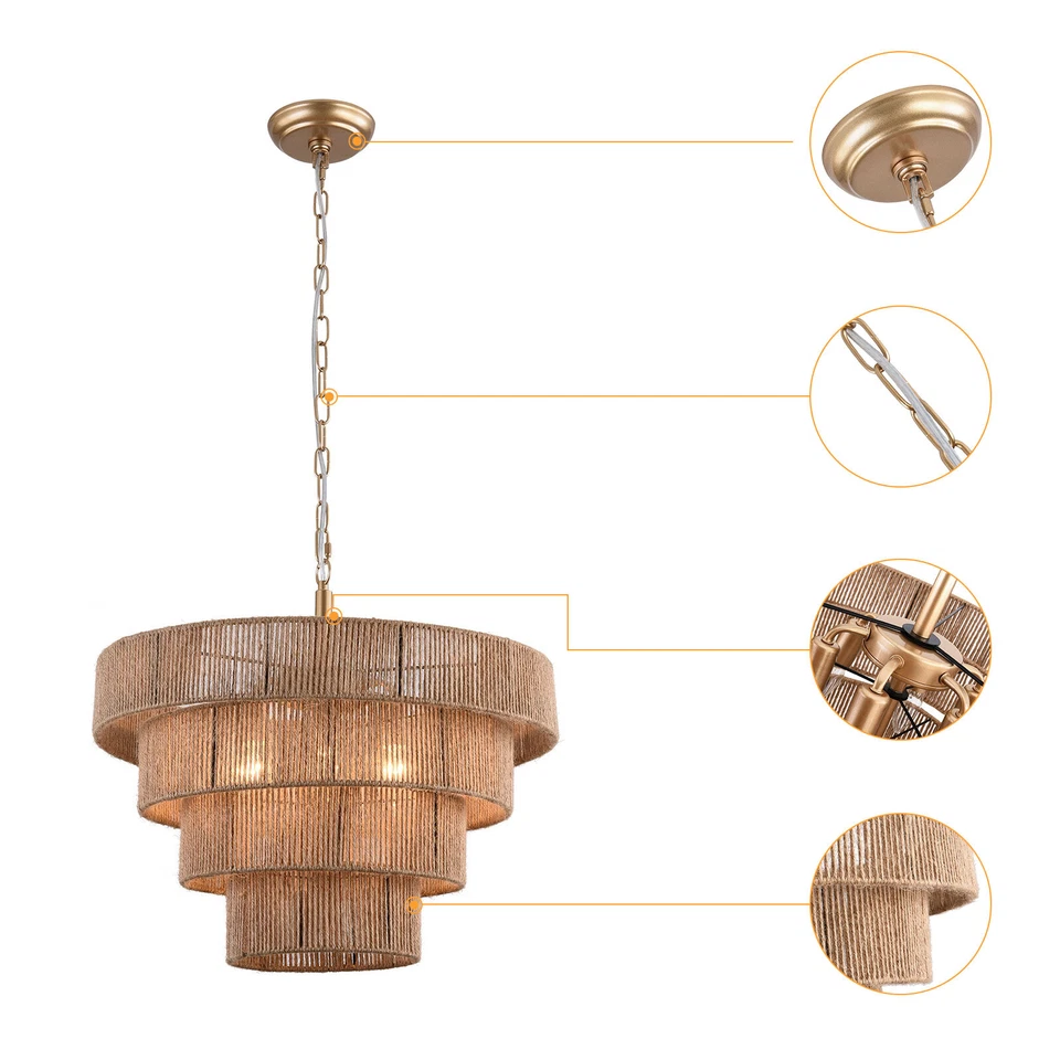 Luminária pendente de vime tecida à mão 6 luzes 4 redondas luz minimalista de transição - Imagem 2 de 4