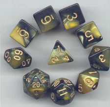 NEW RPG Dice 10pc - Twisted Black-Gold- 1 @ D4 D8 D10 D12 D20 D00-10 & 4 D6