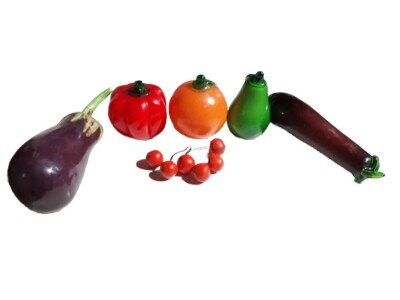Artificial Fake Fruit Vegetables Egg Plant, Pear, Cherries, Orange &Red Pepper. 