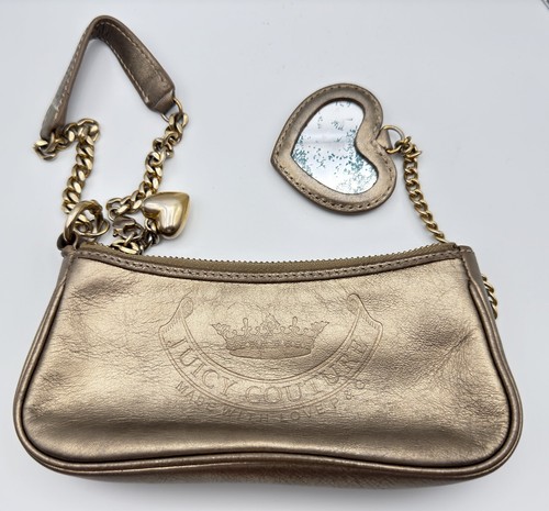 Vintage Juicy Couture Mini Bag Purse Wristlet Gold Metallic Heart Mirror Y2K