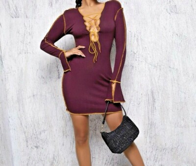 Sexy maroon short dress with ruffle, lace up, rib-knit and flounce sleeve |  eBay