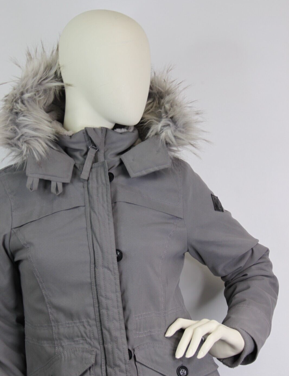 Hollister Grey Fur Trim Hood Soft Lined Parka Coat- Woman's Small