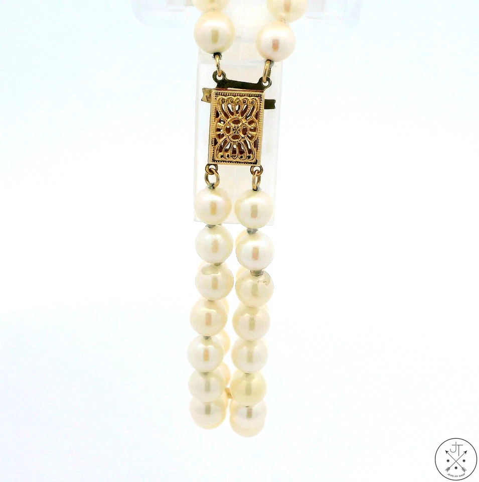 Brazalete vintage de perlas de oro amarillo de 14k de 7,25 pulgadas de 2 filas Foto 2 de 4