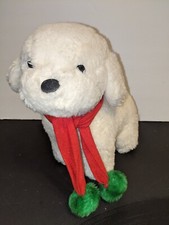 Vintage 1980s Dakin Puppy Dog Plush Stuffed Animal Toy White Red Scarf Poms