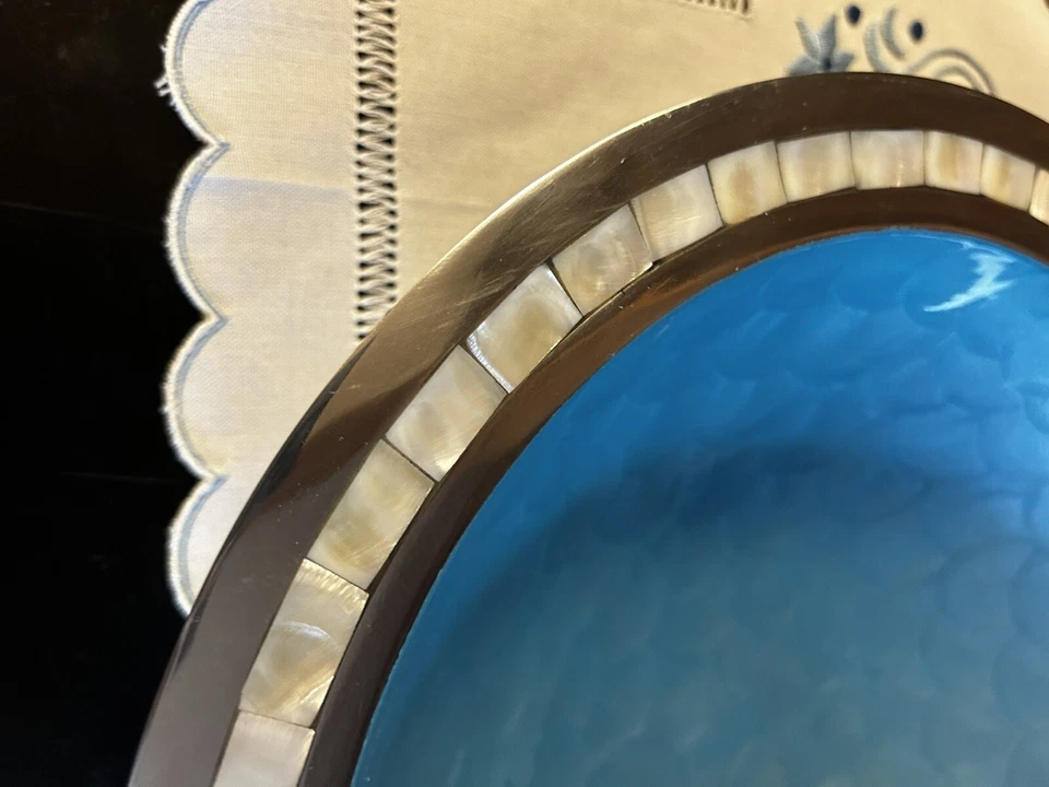 Julia Knight Bowl Sky Blue Enamel Thumbprint Mother Of Pearl Rim Inlay Signed - Image 2 of 4