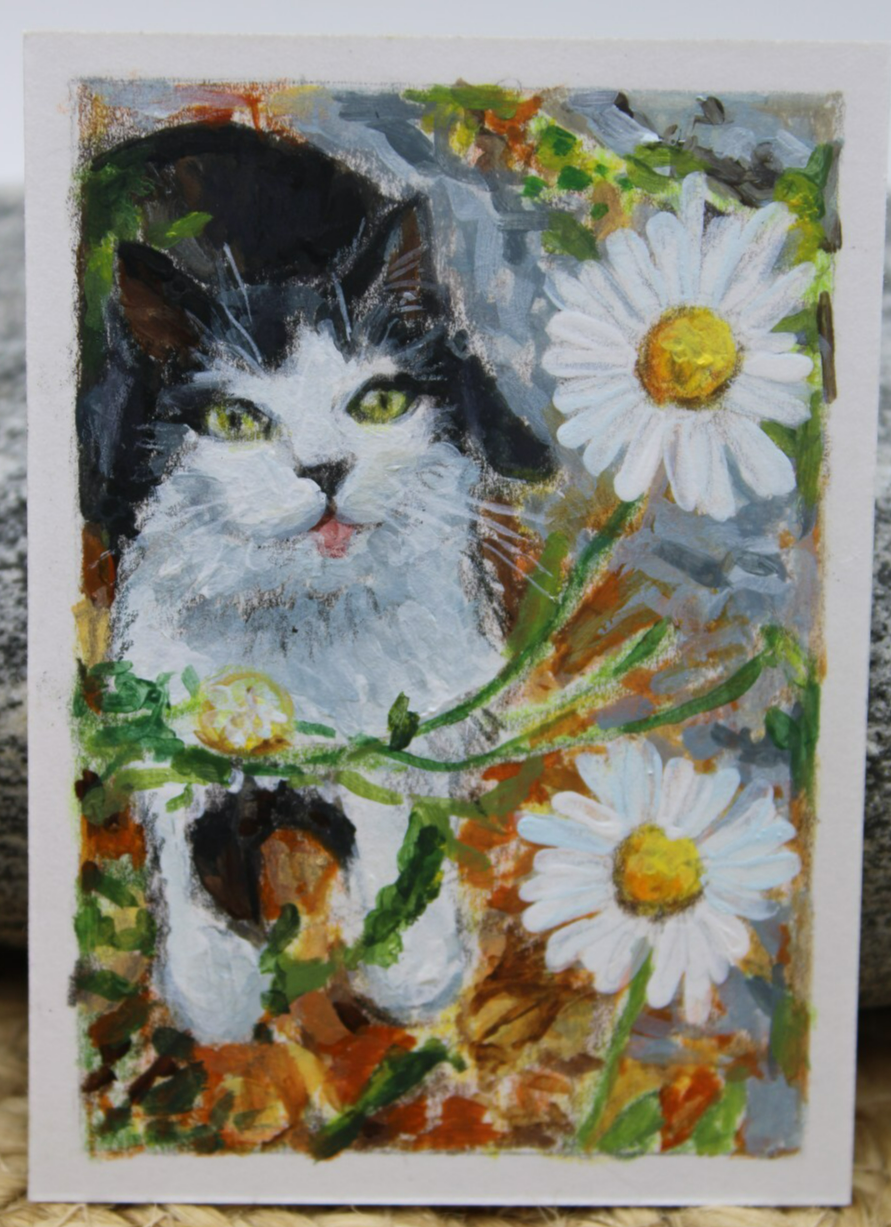 ACEO Original Cute Cat Kitten Art with Flowers by Rockn Palette