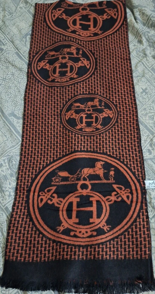 HERMES Bufanda Envoltura Estola Lana Lana Cachemira Caballo Logo Hecho en Italia Foto 2 de 4