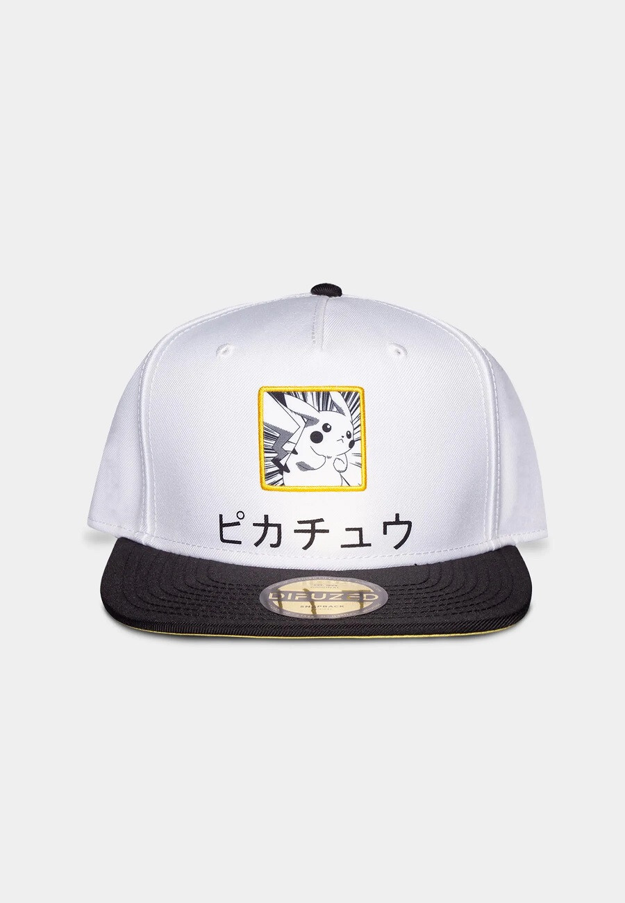 POKEMON PIKACHU PRINTED PATCH ANIME STANCE WHITE SNAPBACK BASEBALL CAP HAT
