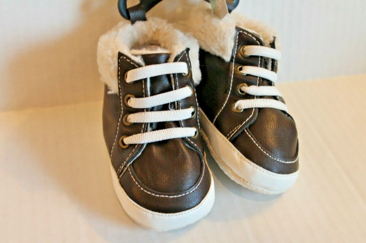 Okie Dokie Brown Crib Shoes Boots w Fleece Trim Infant 9 12 Mos
