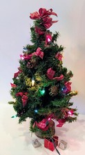 Artificial 15" Pre-lit Christmas Tree w/ Red Plaid Bows Pinecones