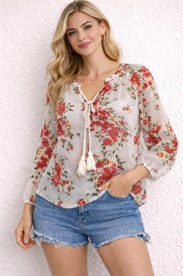 Costa Blanca Floral Boho Peasant Blouse Sheer Tassel Tie Long Sleeve XS