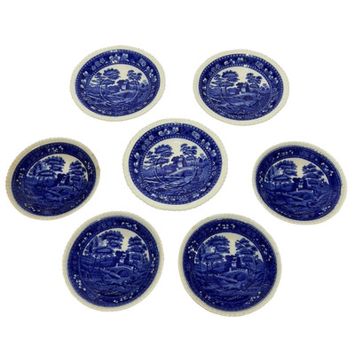 Set of 7 Spode Copeland Tower Flow Blue Berry Bowls & Saucers England Vintage