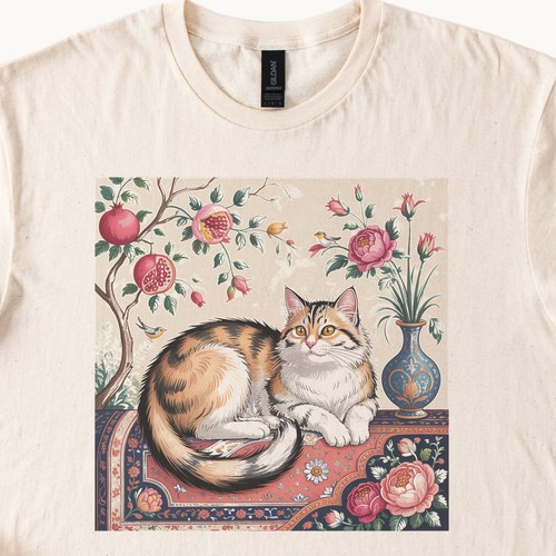 Calico Cat with Roses Graphic Tee Botanical Art Print Shirt - Afbeelding 3 van 6