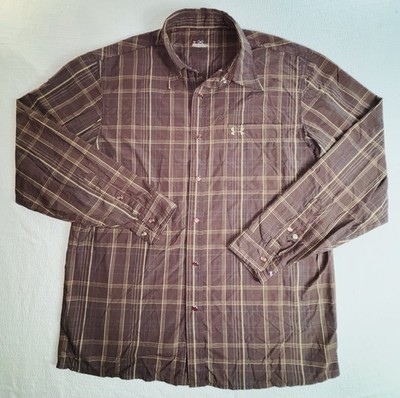 Under Armour Shirt Mens Large Brown Beige Plaid Pearl Snap Western Cowboy UA