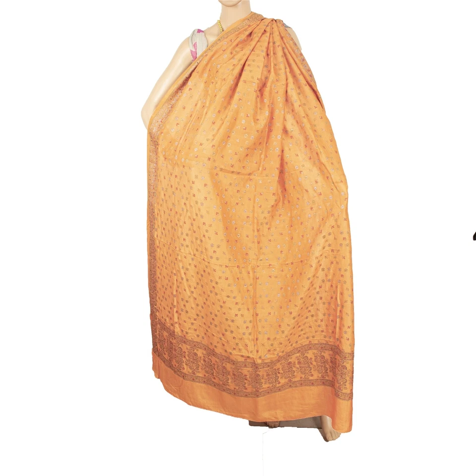 Sánskriti Vintage Naranja Dupatta Estola Larga Seda Pura Tejido a Mano Envoltura Hijab/Velo Foto 2 de 4