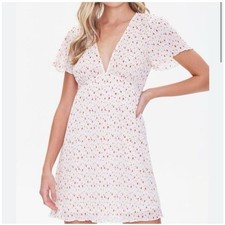 Forever 21 Womens Plisse Floral V-Neck Mini Dress White Red Short Sleeve Small