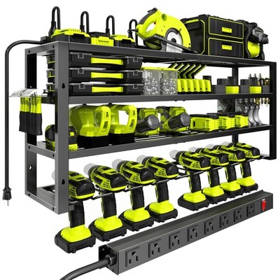 Large Power Tool Organizer Wall Mount with Charging Station, 8 Outlet Power S...
