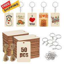 Luckforest 50Pcs Blank Rectangle Wooden Keychain Set, Unfinished Small, Wood 