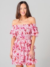 Misa Sz XS Smocked Off Shoulder Pink Floral Inga Mini Dress Coquette Romantic