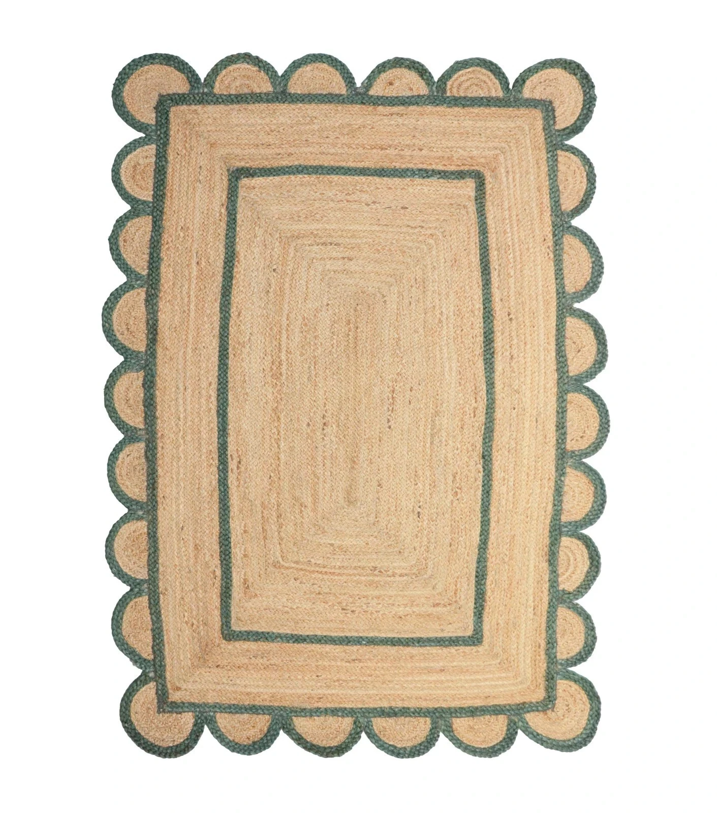 Rug Scalloped Jute Rug Natural with Green Trim Boho Jute Area Rug Scallop Runner