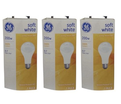 (3) GE Soft White Light Bulb 200W General A21 3405 Lumens H23H NIB