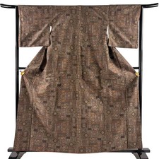 JAPANESE KIMONO TSUMUGI Brown-green 162cm 5 ft 4 in PURE SILK AA9758