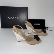 AUTHENTIC VINTAGE CHANEL CAMELLIA BEIGE LEATHER WEDGES SANDALS 40