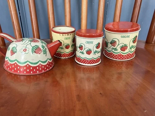 Vintage 1950s Wolverine Strawberry Toy Tin Canister Set w/ Tea Kettle