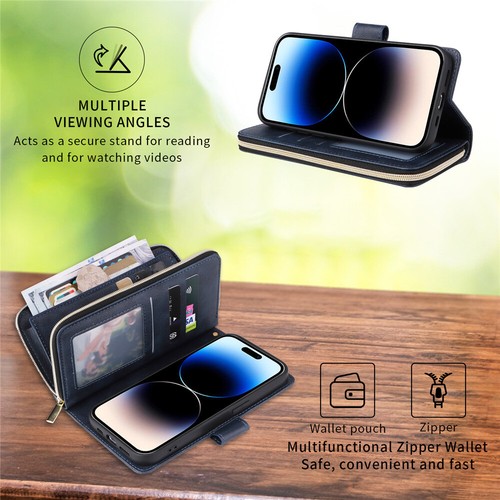 For iPhone 16 16e 15 14 13 Pro Max XR 8 Shockproof Leather Zip Wallet Case Cover - Picture 6 of 52