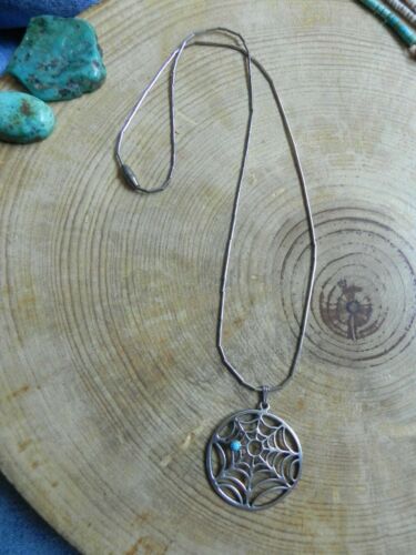 Sterling Silver SPIDER WEB Pendant w Turquoise on 