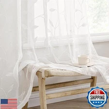 MIULEE White Sheer Curtains 2 Panels Embroidered Leaf Patterned Rod Pocket Fl