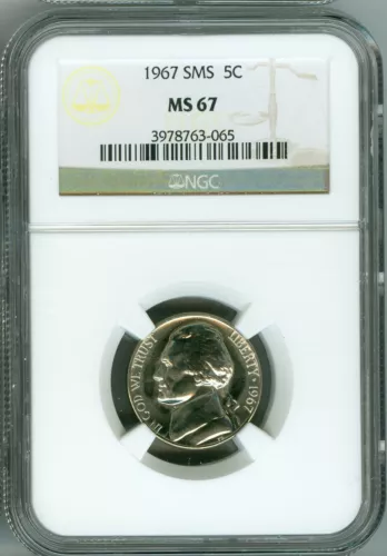 1967 SMS NGC MS67 JEFFERSON NICKEL 5c, EXCELLENT CONTRAST, BRIGHT!