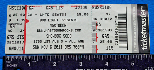 MASTADON  Concert Ticket Stub Showbox Sodo Novemeber 6th 2011 F/S - 第 1/2 張圖片