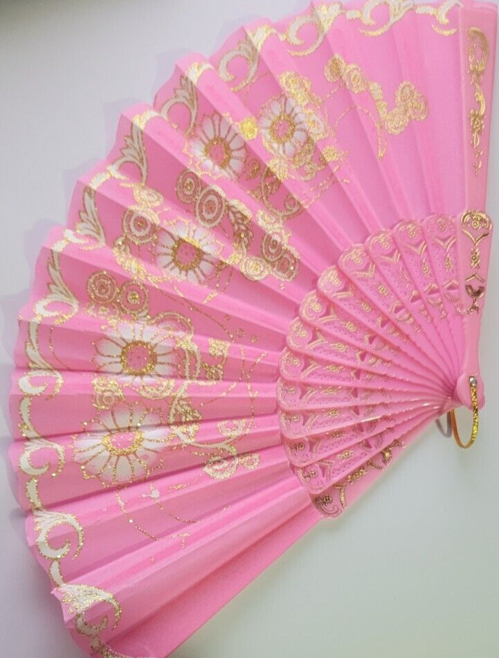 Gold & Light Pink Large Lace Floral Folding Hand Held Plastic Chinese Fan