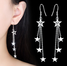Women 925 Silver Plated Hanging Tassel Chain Stars Dangle Drop Stud Earrings C17