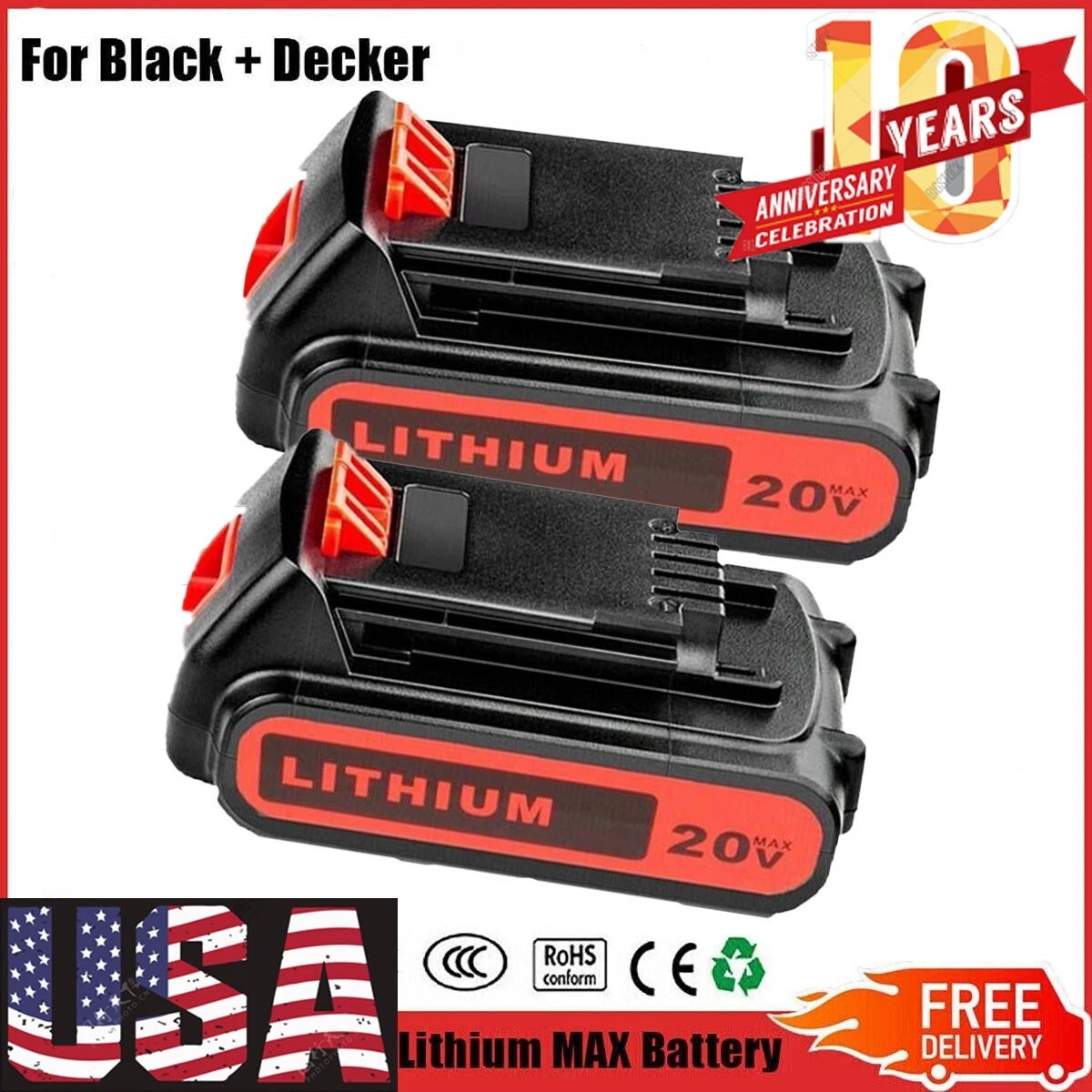 2 Pack 20V Battery 3.0Ah for Black+Decker 20V Max Lithium Battery LBXR20  LB20 US