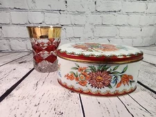 Vintage Red & Gold Floral Tin Designed by Daher in NY Made in England + Glass