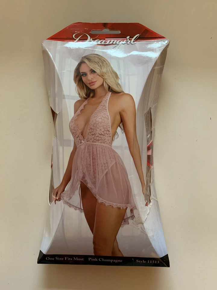 Dreamgirl Sz OS Halter Plunge Lace Teddy with Attached Flyaway Skirt Pink 11513 - Изображение 3 из 4