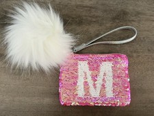 Justice Girls Pink Silver Flip Sequin Initial M Coin Purse Wristlet Pom