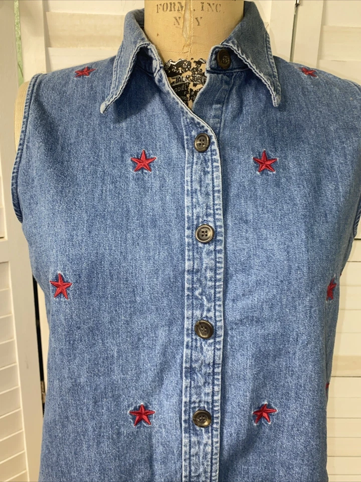 Camisa Blusa Mediana Años 80 90 MARSH LANDING Azul Denim 100% Algodón Sin Mangas Foto 2 de 4