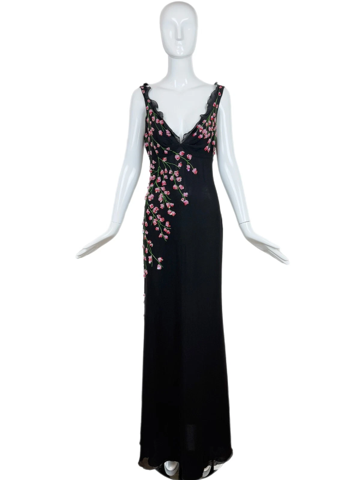 VALENTINO BOUTIQUE maxi abito vintage nero seta floreale perline ricamate volant