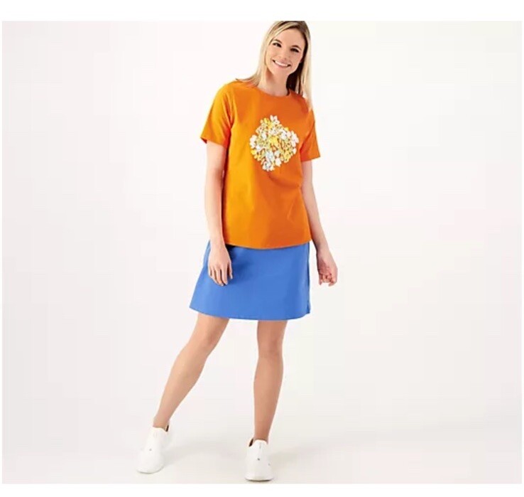 Sport Savvy Floral Printed Jersey Crew Neck Tee Size XS Orange QVC